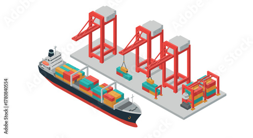 Isometric cargo port with cranes and container ship for shipping and logistics design