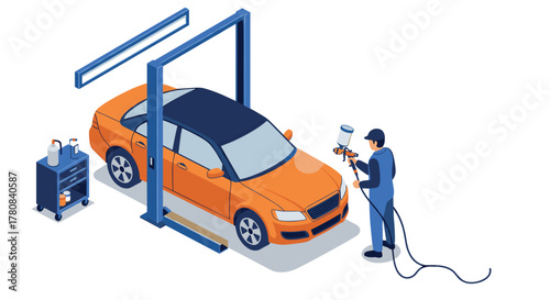 Isometric car painting workshop scene with mechanic in action