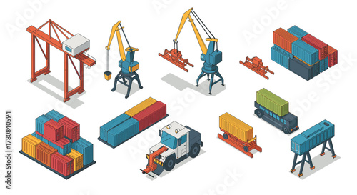 Isometric cargo and shipping equipment set for logistics and transport