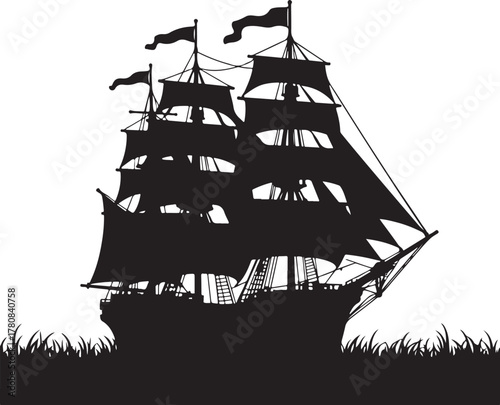 Black silhouette of a sailing ship with full sails