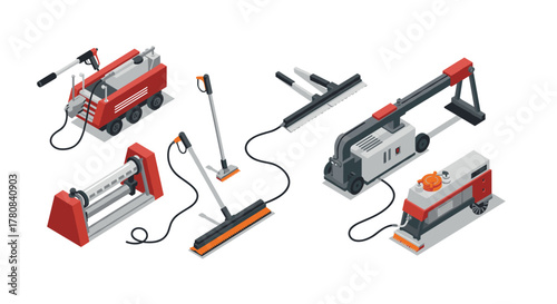 Isometric cleaning equipment set with modern industrial floor cleaning machines