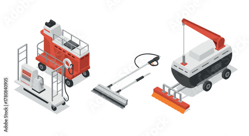 Industrial maintenance equipment isometric set featuring cleaning and repair tools