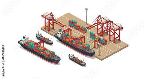 Isometric port scene with cargo ships and containers at a busy shipping terminal