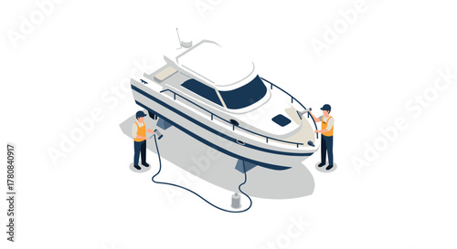 Workers cleaning yacht in isometric view with detailed equipment and uniforms