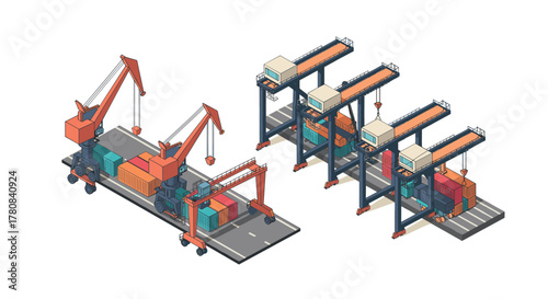 Isometric shipping port with cranes and containers