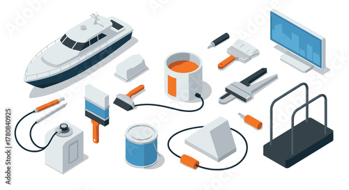 Isometric boat maintenance tools with modern equipment and paint supplies