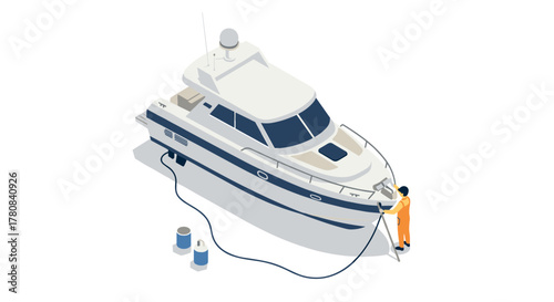 Isometric yacht refueling scene with person in orange overalls