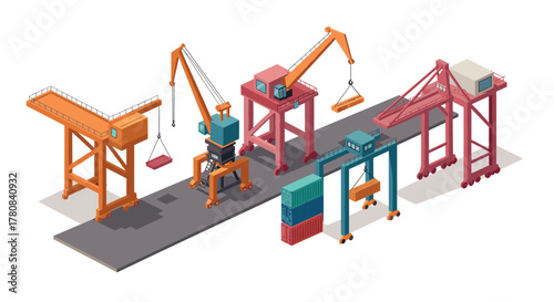 Isometric dockside cranes and shipping containers on industrial pier
