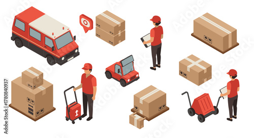 Isometric delivery service elements with workers, vehicles, and packages for logistics