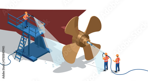 Workers cleaning ship propeller with high pressure water spray in isometric style