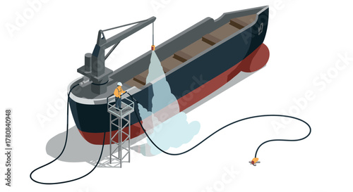 Isometric ship maintenance scene with worker cleaning hull using power washer