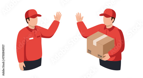 Couriers in red uniforms delivering packages with friendly gesture in isometric style