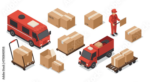 Isometric delivery service with trucks and packages on white background