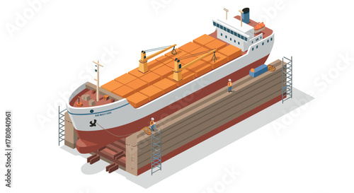 Isometric cargo ship in drydock with workers and scaffolding