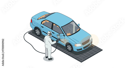 Car repainting process in isometric style auto repair and restoration concept