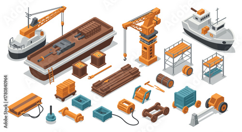 Isometric maritime industry set with ships and construction equipment in orange and blue