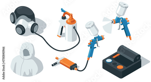 Isometric painting tools with respirator and spray guns for diy projects