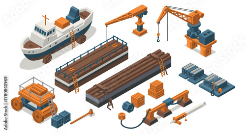 Isometric dockyard scene with ships, cranes, and cargo elements in flat design