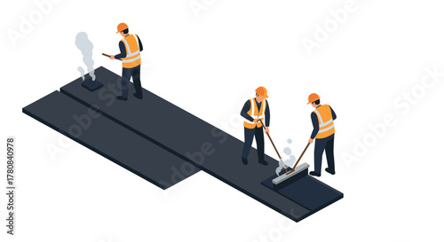 Isometric road construction workers paving asphalt in safety gear