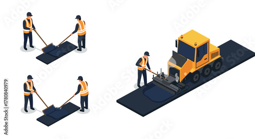 Road construction workers and equipment in isometric style