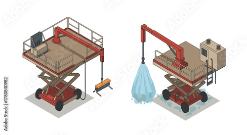Industrial lifting platforms with crane arms in isometric design for construction and maintenance