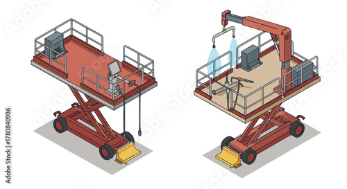 Isometric hydraulic lift platforms with safety railings and control panels