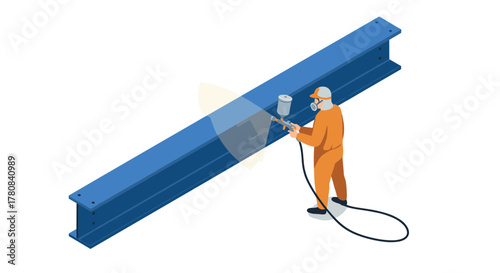 Isometric industrial painter spraying metal beam in protective gear