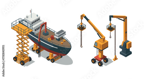 Isometric shipyard equipment and boat assembly with cranes
