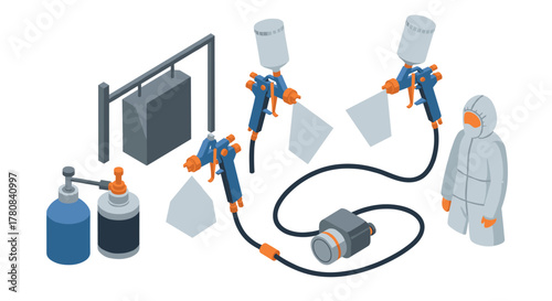 Isometric spray painting equipment with protective gear and paint guns