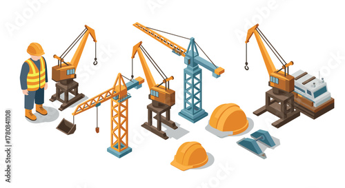 Construction equipment set with cranes and worker in isometric style