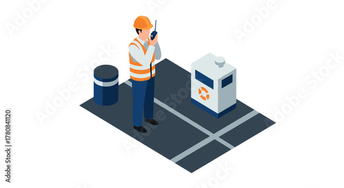 Construction worker communicating on site with safety equipment around in isometric design