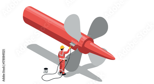 Worker painting giant propeller in isometric style for industrial maintenance scene