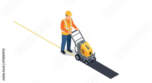 Road worker in safety gear using line painting machine on fresh asphalt