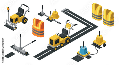 Isometric road construction equipment with safety vests and signs