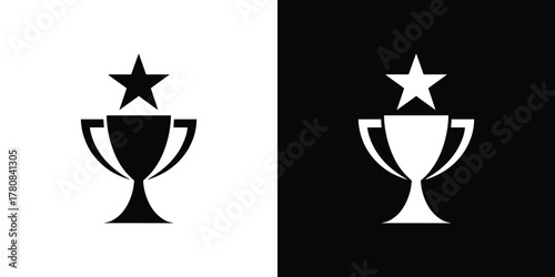 Champion Trophy with Star in Black and White on Split Transparent Background