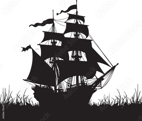 Black silhouette of a sailing ship with full sails