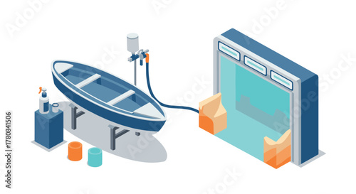 Isometric boat manufacturing process with spray booth and equipment