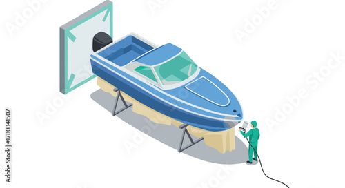 Isometric boat painting scene with worker performing maintenance on yacht