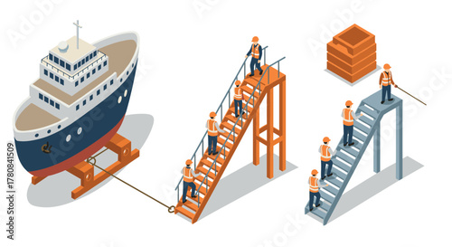 Isometric workers inspecting ship with tools and equipment