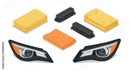 Car cleaning essentials with headlights sponges, brushes, and towels in isometric style