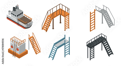 Isometric designs of outdoor staircases and marine vessels