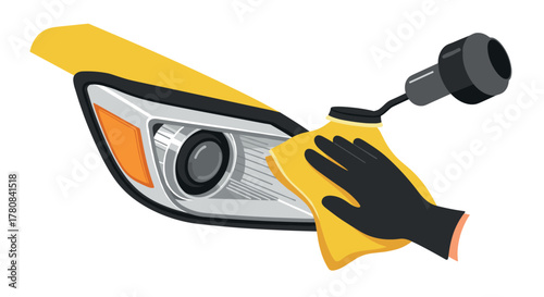 Car headlight cleaning with cloth and glove automotive maintenance illustration