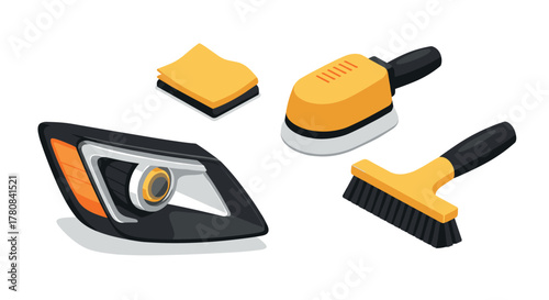 Car cleaning tools with headlight in modern isometric design