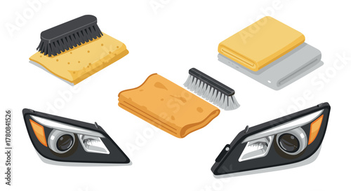 Car cleaning tools for headlights maintenance in modern isometric style