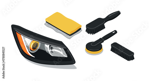 Car headlight and cleaning tools set on white background