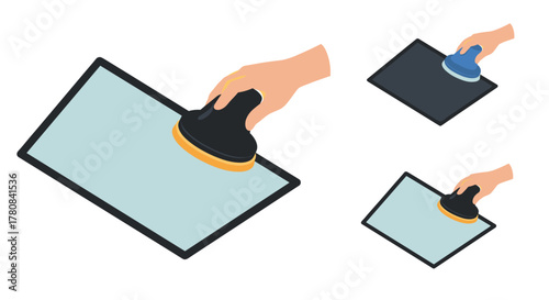 Hand holding a touchpad device in three variations