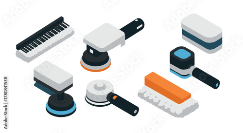 Isometric cleaning tools collection with brushes and polishers in modern style