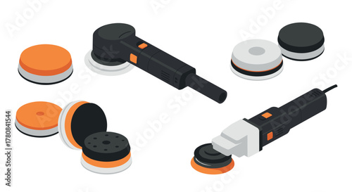 Isometric dual action car polishers with pads in black and orange on white background