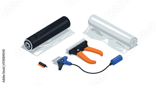 Isometric window tinting tools set with installers, film rolls, and accessories