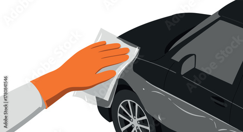 Flat design of hand wearing glove cleaning black car with cloth